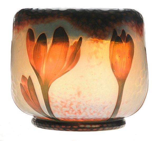 Daum Nancy Hammered and Cameo Art: Glass Vase French, circa 1900, base with etched and gilt signature "Daum Nancy" with Cross of Lorraine, rounded square form with rolled rim, purple-to-cranberry crocus decoration on a hammered frosted