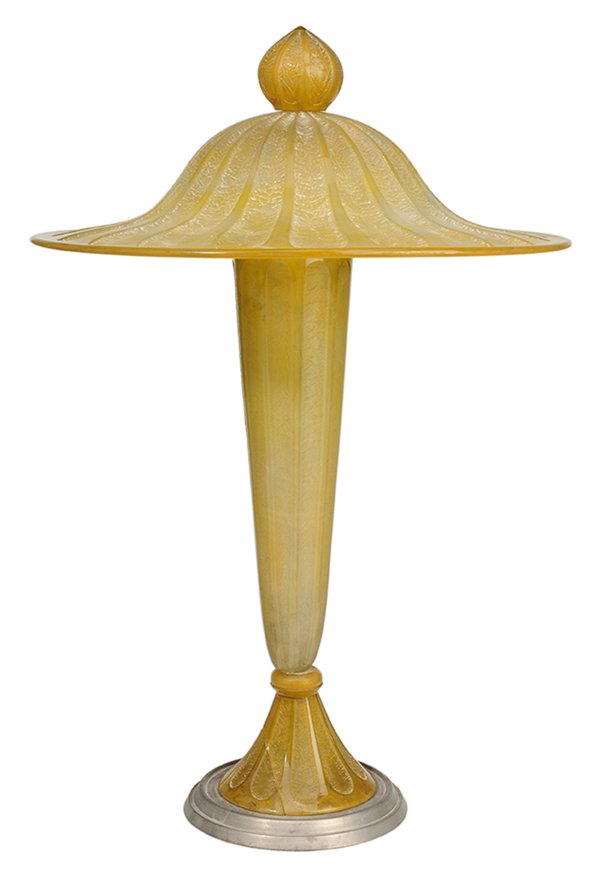 Daum Nancy Acid Etched Table Lamp: French, early 20th century, domed circular shade with palmate leaves, poppy finial, signed on rim "Daum Nancy France" with Cross of Lorraine, lamp base with circular tapering post and flaring base, po