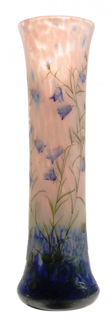 Daum Nancy Enameled and Acid-: Etched Art Glass Vase French, early 20th century, tall form with slightly flaring rim, decorated with violet-colored flowers and clover leaves on pink, pale blue and green to dark blue ground, signatu