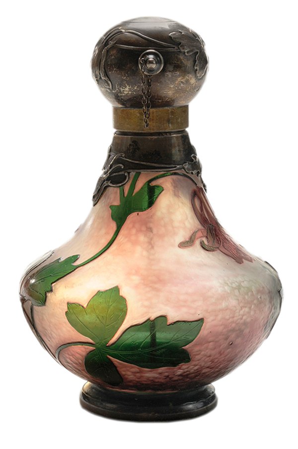 Fine Daum Nancy Hammered Art: Glass and Silver Mounted Perfume purple irises and green leaves on hammered lavender-to-frosted ground, floral silver mounts .950 fine with French hallmarks, removable lid fitted with atomizer, base w