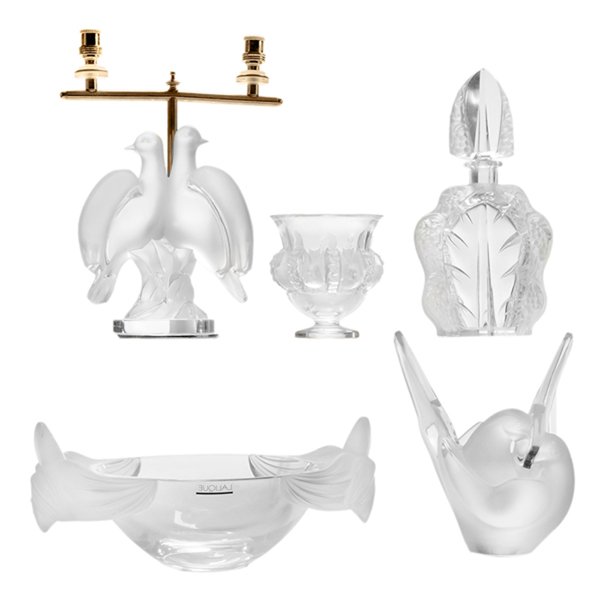 Five Pieces Lalique Glass: French, 20th century: [Ariane] frosted dove figure, signed on base in script "Lalique France", electrified, 8-1/2 in., converted to a table lamp; [Sylvie] lovebirds dove vase with fresh flower insert,