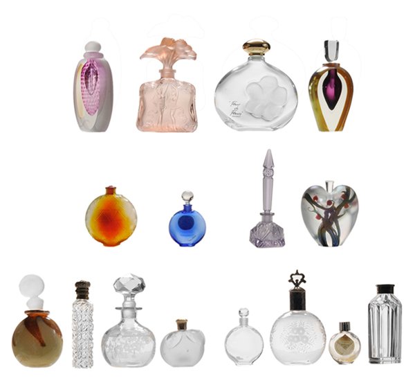 Lalique and Assorted Perfume Bottles: 20th century: four Lalique apple form, one blue, two clear, one frosted, tallest 3-1/8 in.; Lalique [Fleur du Fleurs,] Nina Ricci, clear to frosted canteen form, 5-5/8 in.; R. Lalique Worth [Vers le J