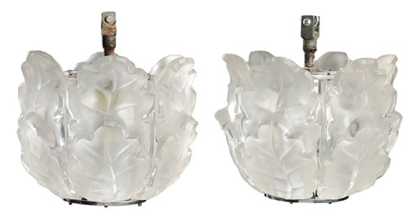 Pair Lalique Frosted Glass Leaf-Form: Chene Oak Ceiling Fixtures French, 20th century, each chrome sconce set with six heavy frosted two-leaf shades, each with etched signature "Lalique France", 13 x 10 in. diameter, traces of white paint