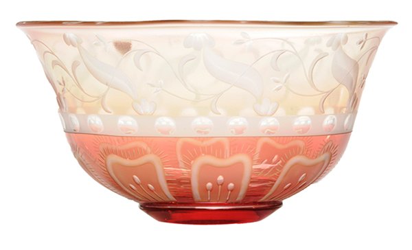 Orrefors Ava Englund Designed: Etched and Cut-Decorated Glass Bowl 1982, marked "Orrefors 9061530 Ava Englund Gallery 1-82", with fine stylized cut decoration on clear-to-cranberry ground, 4-1/4 x 8 x 7 in., excellent condition. Pr