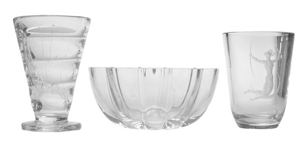 Three Pieces Orrefors Crystal: Swedish, 20th century: etched art glass vase depicting a mermaid swimming, circular base, signed and numbered "L1049 31 x 74", 8-1/2 x 6 in.; etched vase depicting a nude female archer, signed "Lindst