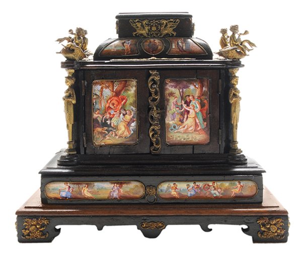 Baroque Style Enameled and Bronze: Mounted Casket probably French, 19th century, top set with nine enameled scenes with bronze surrounds, [putti] and swan finials, back and sides with fine enameled plaques, two enameled doors opening t