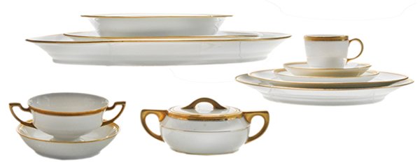 Limoges Gold Banded Partial Dinner: Service French, 106 pieces including eight 9-1/2 in. plates; ten 8-1/2 in. plates; twelve 7-1/4 in. bowls; four 6-1/4 in. plates; eighteen 5-1/2 in. saucers; twelve two-handled bouillon cups; eight de