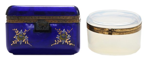 Two Antique Glass Dresser Boxes: probably French, late 19th/early 20th century: comprising a cobalt glass with enameled flowers, brass mounts and escutcheon, 3-1/2 x 5 in., [top detached and escutcheon plate loose, brass banding at r