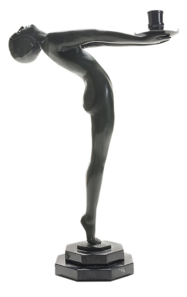 Max Le Verrier Figural Mood Lamp: French, early 20th century, patinated white metal figure with green bronze finish on marble base, signed on base "Le Verrier", drilled, electrified and fitted as lamp, 20 in., lacking white ball-shape