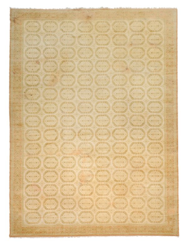 Oushak Carpet: 20th century, repeating rows of circular medallions with olive and salmon highlights on a tan field, one major and minor borders, 12 ft. 3 in. x 20 ft. 3 in., medium to high pile, no end or selvedge l
