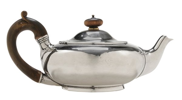 Garrard English Silver Teapot: London, 1834, round body, wood handle and finial, marks for Robert Garrard, .925 fine, heraldic device, 13.15 oz. T. gross weight, 4 x 8-1/4 x 5 in., high polish, light scratches, loss to device. Prov