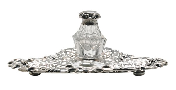 English Silver Openwork Ink Stand: London, 1850, shaped openwork base with scroll and bud finial, engraved scroll and floral pen tray, cut-glass ink well with silver lid (matching marks), marks for Charles Thomas Fox & George Fox, .925