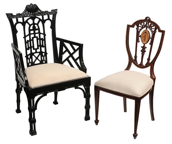 Chinese Chippendale Style Ebonized: Chair, Marquetry Inlaid Rosewood Shield Back Side Chair both 20th century, cream upholstered slip seat, pagoda form crest, 38 x 18 x 18 in., [generally good condition, minor surface wear;] fine Sherat