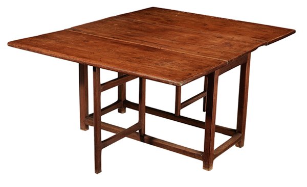 Country Chippendale Drop Leaf: Stretcher Base Table British or American, 18th century, scrubbed pine top with two drop leaves over a stretcher-base frame in mixed woods, traces of green and white paint, 26 x 43-1/4 x 20-1/2 in. (op