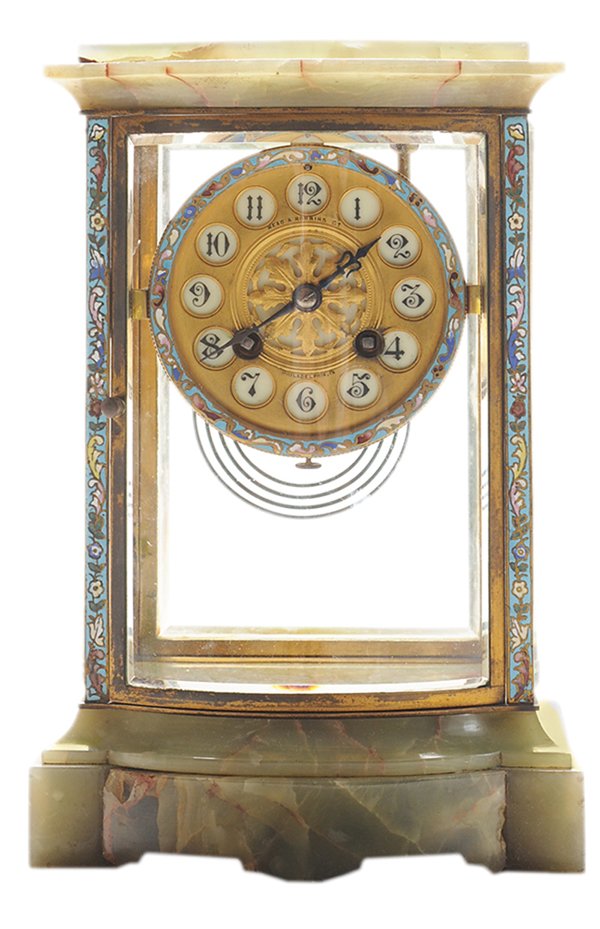 Onyx and Champlevé Open-: Escapement Shelf Clock French, marks for Japy Freres, retailed by Mead & Robins Co., Philadelphia, late 19th/early 20th century, gilt and enameled dial with champlevé surround, with pendulum (mercury