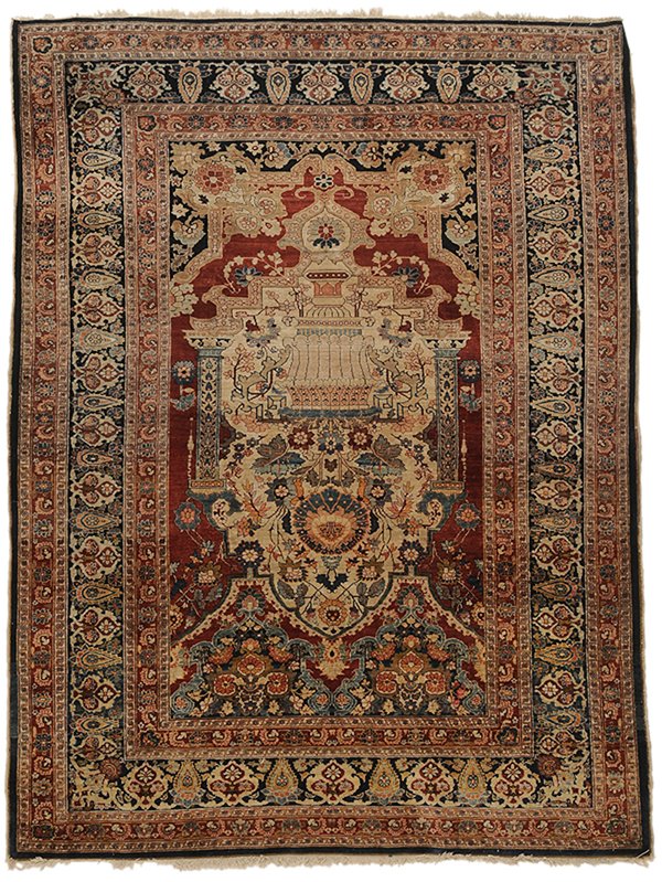 Persian Silk Rug: Persian, 20th century, silk highlights, central panel with floral and architectural elements on a red field, floral and Greek key borders, 4 ft. x 5 ft. 6 in. pile varies from low to very low (uneven 