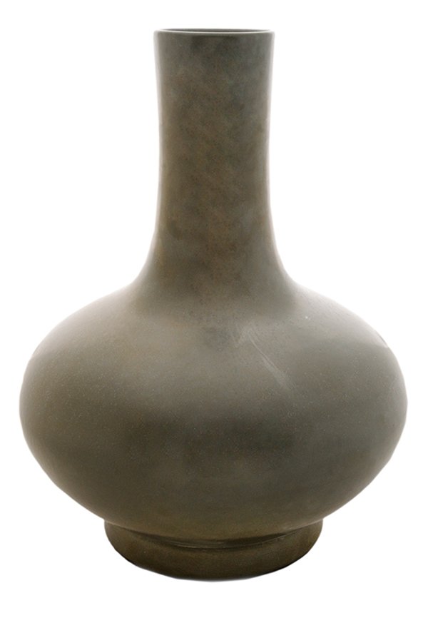 Large Green Glazed Vase: Chinese, 20th century, the dark olive green monochrome vase with long slender neck, body on circular platform base, impressed six character Qianlong mark, 13-5/8 in., good condition. Provenance: Priva