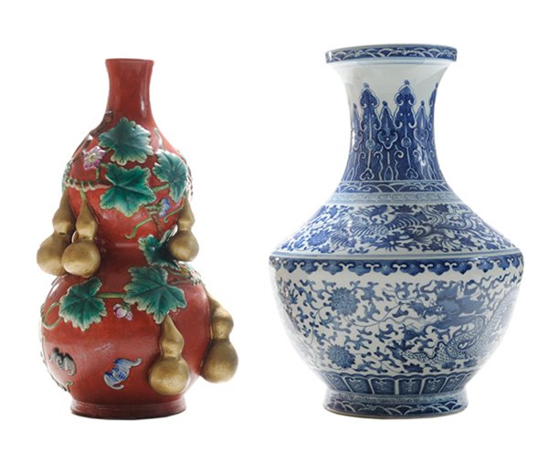 Two Chinese Porcelain Decorated: Vases probably 20th century: one with blue and white dragon decoration, base with seal mark in underglaze blue, 14-1/2 in., [excellent condition;] one gourd form, bat at leaf and hanging gourd decorat