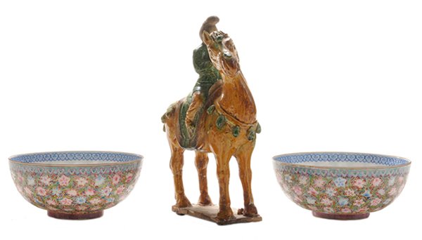 Pair Chinese Floral Decorated: Eggshell Porcelain Bowls, Tang Style horse 20th century, each with interior blue decoration depicting a dragon, exteriors with polychrome enamel decoration, bases with blue seal marks, 2-1/4 x 5-1/2 i