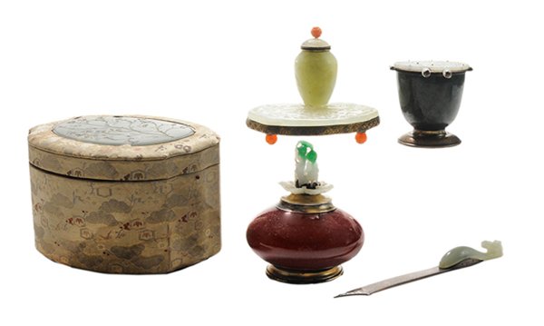 Edward I. Farmer Sterling and Jade: Table Articles early 20th century, each with Edward I. Farmer stamped signature: silk box with large dark celadon jade plaque inset in top, interior fitted with tray, base with gold stamped signature 