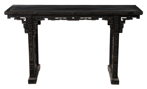 Fine Carved Hardwood Altar or Pier: Table Chinese, late 19th or 20th century, dense hardwood throughout with paneled top and carved trestle-form base, 32-1/4 x 57-1/2 x 16-1/2 in., generally good condition, scattered surface distress, u