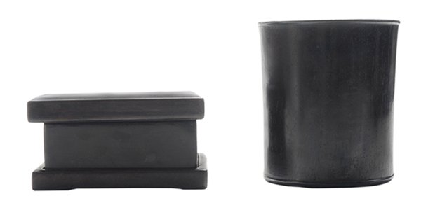 Cased Inkstone, Brush Pot: Chinese, 20th century: rectangular carved wooden case, inkstone 3 x 6 x 4-1/2 in.; brush pot with overhung rim, 5-1/2 x 4-3/4 in., both in good condition. Provenance: Private Collection, Kennesaw, Geo