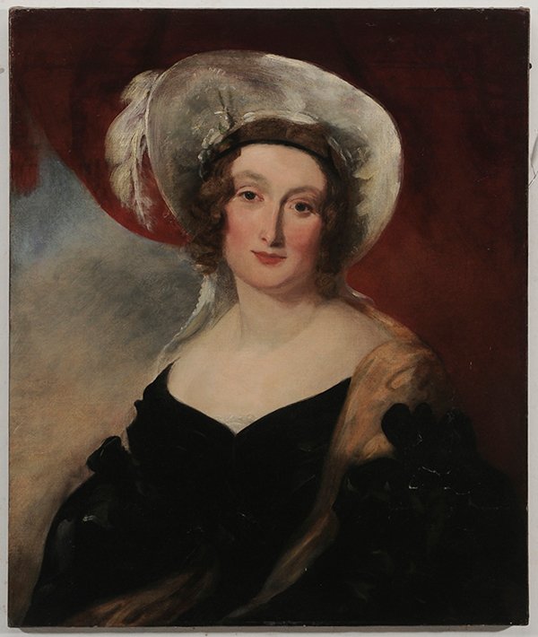 School of Thomas Lawrence: (British, 1769-1830) Portrait of a Lady, with a white hat, oil on canvas, 30 x 25 in., unframed lined, lacking medial stretcher brace, back with illegible export(?) stamp, two patches verso and repair