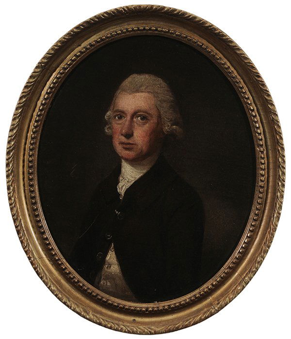 British School: (18th century) Portrait of a Man in Powdered Wig, wearing a brown jacket, unsigned, oil on canvas, 11-3/8 x 9-3/8 in.; oval gilt wood and composition frame, laid on card; frame resurfaced. Provenance: