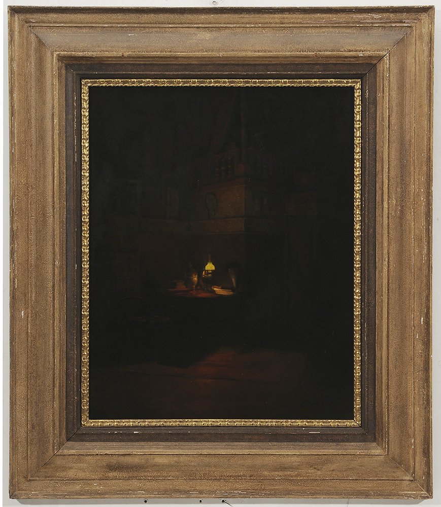 Elias Voet: (Dutch, 1827-1905) Scholar in a Study, signed lower right "Voet..", oil on panel, 25 x 31-1/2 in.; painted wood frame, panel cradled, scattered retouch affecting up to 15% of surface affected; frame w