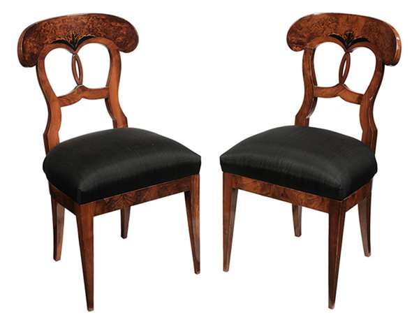 Fine Pair Biedermeier Inlaid and: Burlwood Side Chairs Continental, early 19th century, highly figured veneers, beechwood frames, horsehair upholstered slip seats, central splat with black decoration, 36 x 19 x 18 in., generally good 