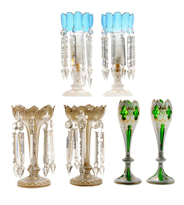 Pair Cased Cut to Clear Vases, Two: Two Pairs Lusters late 19th century, pair vases white cut to green, gothic style cut and gilt decoration on trumpet-form bases, 11-3/4 in., [surface wear and gilding losses, minor distress at knops, n