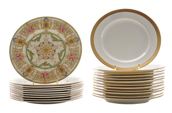 Sets of Twelve Minton Service Plates,: and Ten Royal Worcester Service Plates English, 20th century, comprising twelve white plates with gilt rim and marks for Minton, 10-1/4 in., [generally good condition, minor flaws to gilding;] togethe