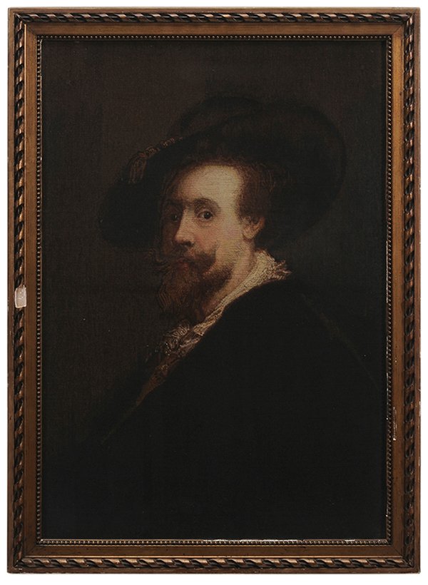 Old Master Style Needlework Portrait: late 19th/early 20th century, after Peter Paul Rubens self portrait, finely worked wool on canvas, 32 x 22 in. (sight); later composition frame, slight fading, losses and abrasions to frame