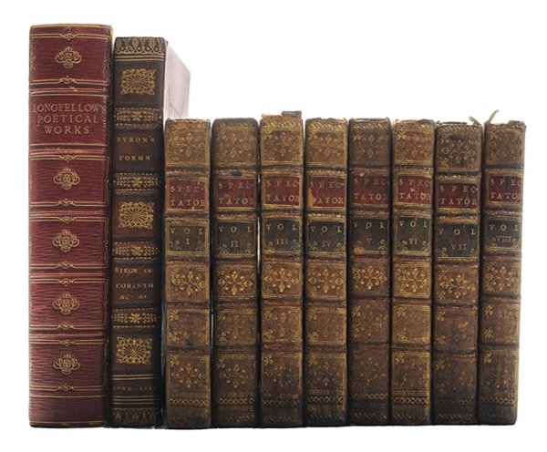 [The Spectator,] 1765, Lord Byron,: Longfellow, Other Early Works eight volumes, Joseph Addison and Sir Richard Steel, [The Spectator,] 1767, London, printed for J & R Thompson, brown calf with gilt titles, many engravings and vignette 
