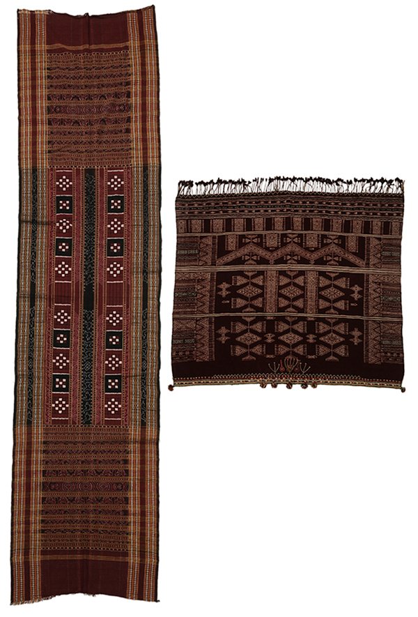 Two Ethnic Textiles: India, 20th century, one traditional handwoven Ikkat sari or saree, 13 ft. 1 in. x 3 ft. 3 in.; Tunisia, 20th century, woven and embroidered wool wedding shawl, 5 ft. x 5 ft. good conditon. Provenance