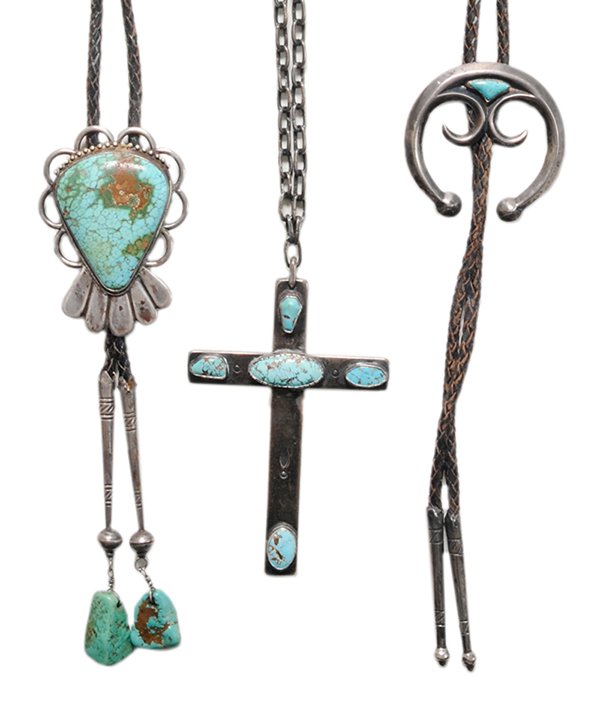 Two Southwestern Bolo Ties, One Cross: mid-20th century: one bolo tie with large triangular shaped turquoise medallion, silver and turquoise nugget tips, arrow point mark verso, 3 x 2-1/8 in., [surface residue, tarnish, wear]; one bolo tie