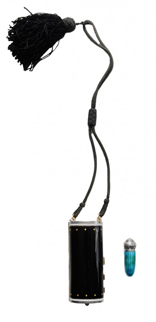 Two Pieces Enamel Purse and Pill Box: black and white enamel and silver cylinder purse with compartments, mirror and pen, black string handle and tassel, French import marks, 3-3/8 x 1-1/2 in.; Austrian silver and enamel snuff box, 1-5/8 