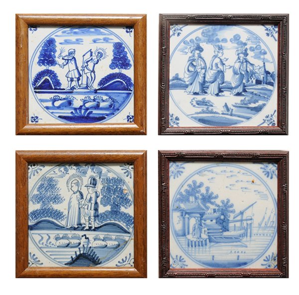 Seventeen Decorated Delft Tiles: most 18th century, variously decorated with religious figures and genre scenes, one with mulberry ground and heart decoration, [extensive breaks,] two with polychrome birds, [most generally good condi