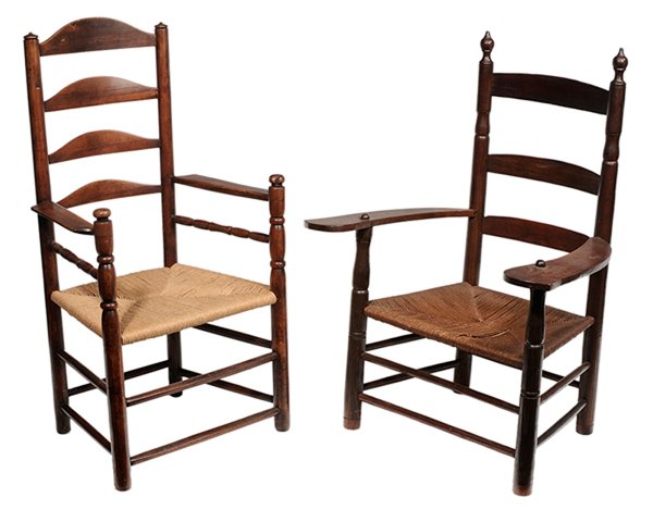 Two Early Slat-Back Open-Arm Chairs: British or American, 18th century, four slat back, woven fiber seat, mixed woods, [scattered pest damage with some associated losses (rear feet ended out 1 in.);] together with a large-scale walnut op