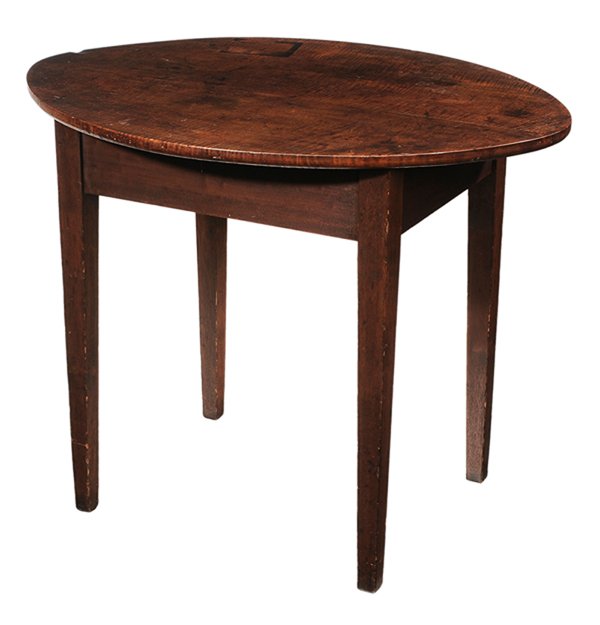 Federal Style Tiger Maple Oval Top: Table New England, 18th century in part, the highly figured two-board oval top set on a later frame with tapered square legs, 28-3/4 x 36-3/4 x 27 in., top and base associated, top with edge chips, sc