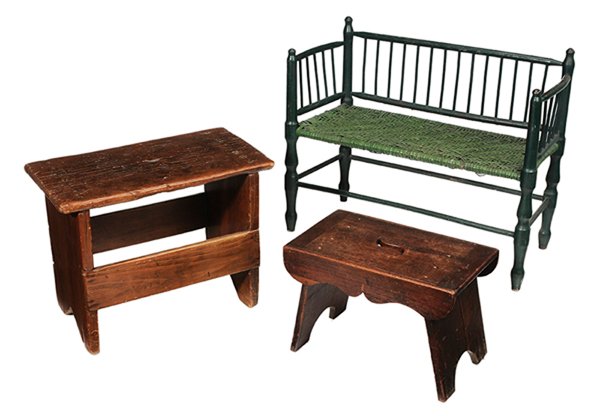 Three American Country Seating: Accessories 19th century, comprising a green painted Windsor child's bench, spindle back and arms, turned legs and woven bark seat, [generally good condition with multiple paint histories, minor damag