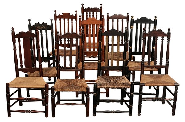 Assembled Set of Ten American: Banister Back Dining Chairs New England, 18th century, each in mixed woods with woven fiber seat, some with paint decoration, 36-1/2 x 18 x 15 in. to 43-1/2 x 19 x 14 in., most generally sound, one wi