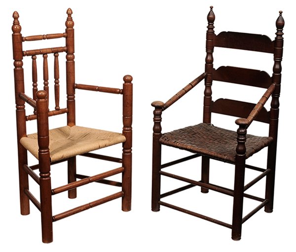 Two Pilgrim Century Style American: Armchairs late 19th/early 20th century: one walnut with down sloping arms and mushroom hand grips, oak split seat, the back stamped "The Tryon Toymakers…North Carolina", [good condition, light surfa