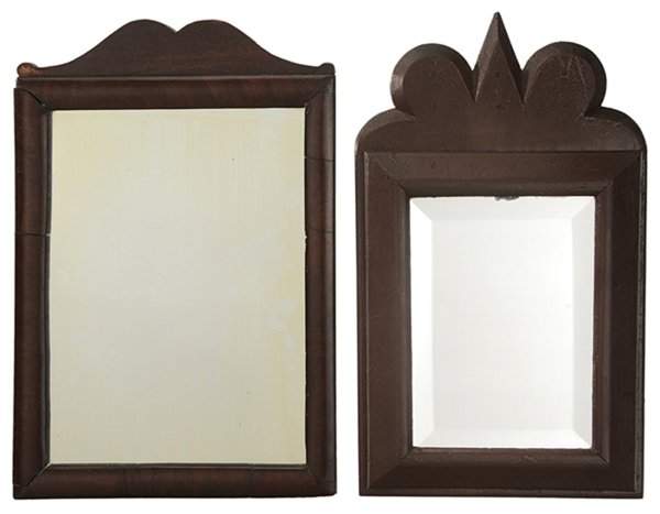 Two Antique Mirrors: British, 18th/19th century: comprising a painted example with scalloped crest and early Spanish brown paint, centering a beveled mirror plate, [good condition, early dry paint surface, minor distress