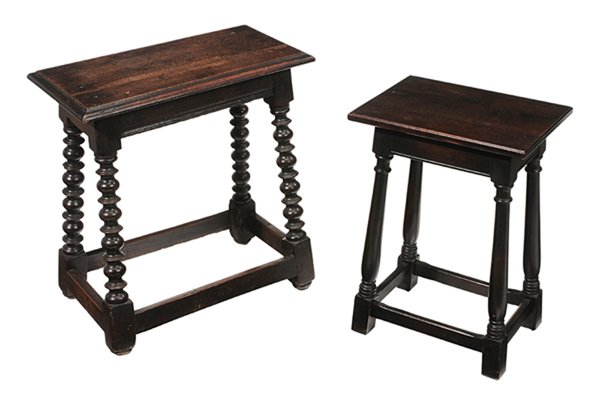 Two Baroque Style Joint Stools: British, 19th/20th century, comprising a bench or side table with bold ring and baluster turned legs, [probably 17th century in part, scattered pest damage, possible restoration of top (set with later