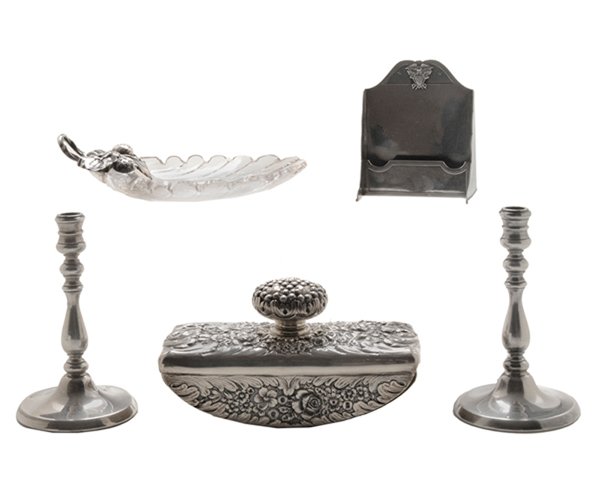 Five Pieces Tiffany Sterling: American, late 19th/early 20th century, including pair miniature taper candlesticks, Tiffany (probably retailer), 4-3/8 in.; desk blotter with floral and acanthus repousse decoration, marks "8853…39