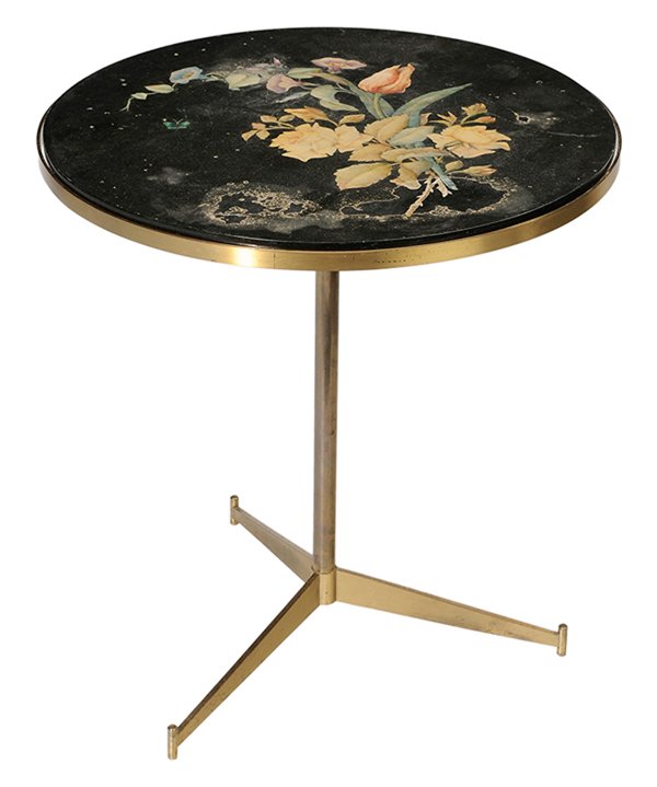 Brass and Marble Table: 20th century, floral painted marble top set into circular brass frame, center support with tripod feet, 21-1/2 x 20 in., painted with wear, loss to lacquered finish on top, otherwise good condition. P
