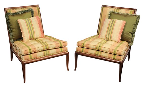 Pair Danish Modern Upholstered: Slipper Chairs Scandinavian, second half 20th century, each with teak frame and striped upholstery, 31 x 26 x 31 in.; together with four pillows, sun fading and surface wear, upholstery with some stai
