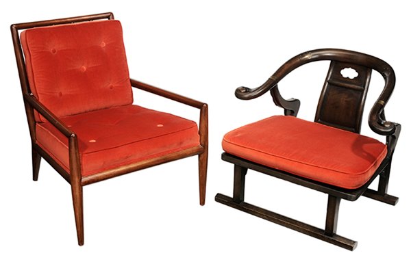 Danish Modern Teak and Upholstered: Armchair, Yoke Back Chinese Style Low Chair 20th century, both with matching orange velvet upholstery, the first with single back and open arms, the second with yoke back and pierced splat, 31 x 26 x 