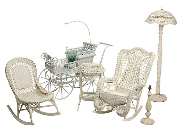 Group of Six Pieces of Vintage: Wicker 20th century, comprising a carriage with tufted velvet-lined interior, [deep abrasion at one arm, other scattered repairs (some wire and later nails), later white paint;] rocking chair with Hey